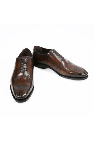 Ambrogio Men's Handmade Custom Made Shoes Brown Tobbacco Music Texture Embossed / Patina Leather Wholecut Plain Oxfords (AMB1633)-AmbrogioShoes