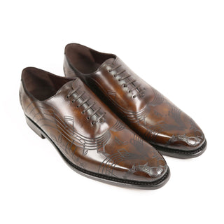 Ambrogio Men's Handmade Custom Made Shoes Brown Tobbacco Music Texture Print / Patina Leather Wholecut Plain Oxfords (AMB1633)-AmbrogioShoes