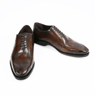 Ambrogio Men's Handmade Custom Made Shoes Brown Tobbacco Music Texture Print / Patina Leather Wholecut Plain Oxfords (AMB1633)-AmbrogioShoes
