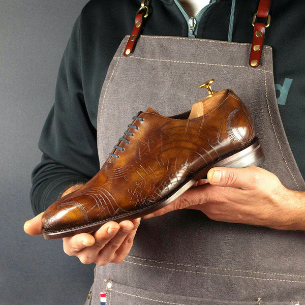 Ambrogio Men's Handmade Custom Made Shoes Brown Tobbacco Music Texture Print / Patina Leather Wholecut Plain Oxfords (AMB1633)-AmbrogioShoes