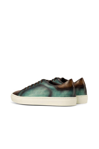 Ambrogio Men's Handmade Custom Made Shoes Brown / Turquoise Patina Leather Casual Trainer Sneakers (AMB1133)