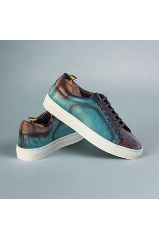 Ambrogio Men's Handmade Custom Made Shoes Brown / Turquoise Patina Leather Casual Trainer Sneakers (AMB1133)