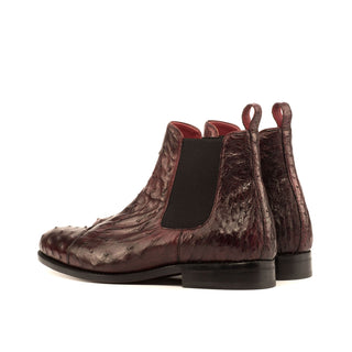 Ambrogio Men's Handmade Custom Made Shoes Burgundy Ostrich Cap-Toe Chelsea Boots (AMB1108)