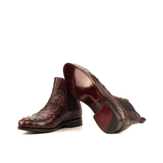 Ambrogio Men's Handmade Custom Made Shoes Burgundy Ostrich Cap-Toe Chelsea Boots (AMB1108)