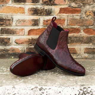 Ambrogio Men's Handmade Custom Made Shoes Burgundy Ostrich Cap-Toe Chelsea Boots (AMB1108)