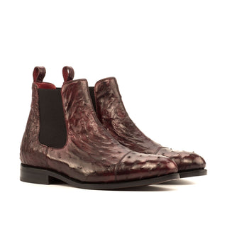 Ambrogio Men's Handmade Custom Made Shoes Burgundy Ostrich Cap-Toe Chelsea Boots (AMB1108)