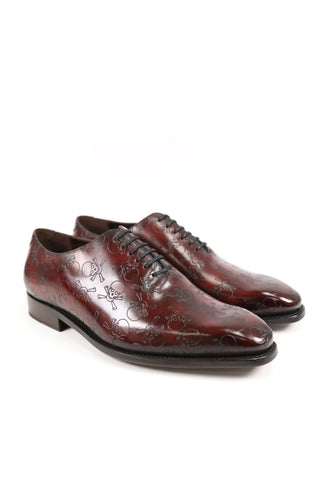 Ambrogio Men's Handmade Custom Made Shoes Burgundy Skull Texture Print / Patina Leather Wholecut Plain Oxfords (AMB1631)-AmbrogioShoes