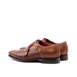 Ambrogio Men's Handmade Custom Made Shoes Cognac & Brown Exotic Snake-Skin Monk-Straps Loafers (AMB1101)