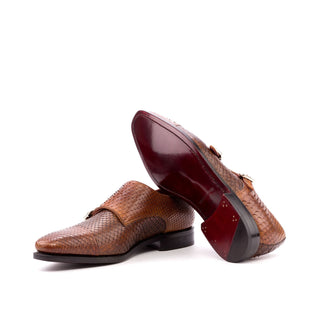 Ambrogio Men's Handmade Custom Made Shoes Cognac & Brown Exotic Snake-Skin Monk-Straps Loafers (AMB1101)