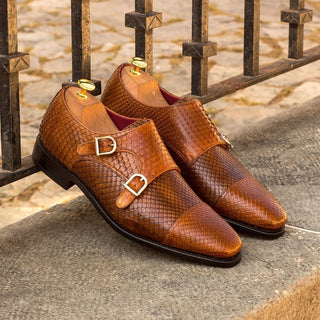 Ambrogio Men's Handmade Custom Made Shoes Cognac & Brown Exotic Snake-Skin Monk-Straps Loafers (AMB1101)