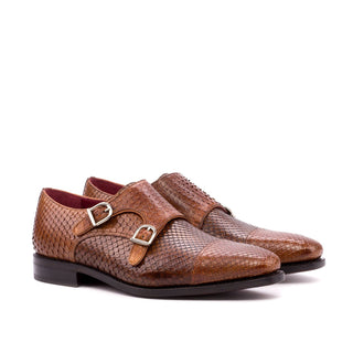 Ambrogio Men's Handmade Custom Made Shoes Cognac & Brown Exotic Snake-Skin Monk-Straps Loafers (AMB1101)