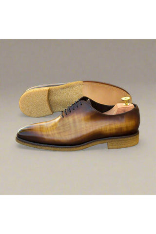 Ambrogio Men's Handmade Custom Made Shoes Cognac & Burgundy Patina Leather Whole-Cut Plain Oxfords (AMB1127)