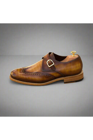Ambrogio Men's Handmade Custom Made Shoes Cognac Patina Leather Monk-Straps Loafers (AMB1061)-AmbrogioShoes