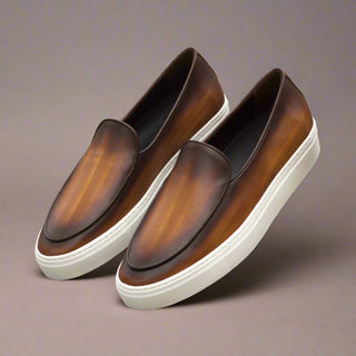 Ambrogio Men's Handmade Custom Made Shoes Cognac Patina Leather Slip-On Belgian Sneakers (AMB1134)-AmbrogioShoes