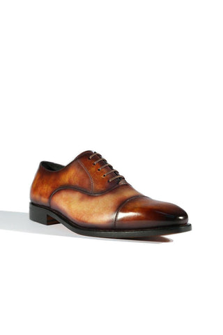 Ambrogio Men's Handmade Custom Made Shoes Fire Orange & Cream Patina Leather Cap-Toe Oxfords (AMB1651)