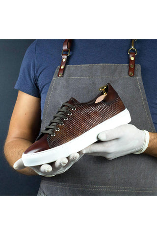 Ambrogio Men's Handmade Custom Made Shoes Fire Orange Pattern Embossed / Patina Leather Casual Sneakers (AMB1655)-AmbrogioShoes