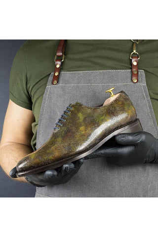 Ambrogio Men's Handmade Custom Made Shoes Floral Green Forest Texture Embossed / Patina Leather Wholecut Plain Oxfords (AMB1635)-AmbrogioShoes