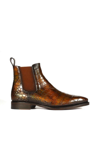 Ambrogio Men's Handmade Custom Made Shoes Forest Green Crocodile Embossed / Cairo Patina Leather Chelsea Boots (AMB1639)-AmbrogioShoes