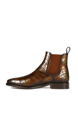 Ambrogio Men's Handmade Custom Made Shoes Forest Green Crocodile Embossed / Cairo Patina Leather Chelsea Boots (AMB1639)-AmbrogioShoes