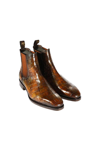 Ambrogio Men's Handmade Custom Made Shoes Forest Green Crocodile Embossed / Cairo Patina Leather Chelsea Boots (AMB1639)-AmbrogioShoes