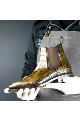 Ambrogio Men's Handmade Custom Made Shoes Forest Green Crocodile Embossed / Cairo Patina Leather Chelsea Boots (AMB1639)-AmbrogioShoes