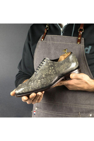 Ambrogio Men's Handmade Custom Made Shoes Gray Ash Chain Texture Embossed / Patina Leather Wholecut Plain Oxfords (AMB1632)-AmbrogioShoes