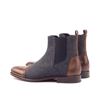 Ambrogio Men's Handmade Custom Made Shoes Gray & Brown Flannel / Polished Calf-Skin Leather Chelsea Boots (AMB1022)