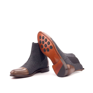 Ambrogio Men's Handmade Custom Made Shoes Gray & Brown Flannel / Polished Calf-Skin Leather Chelsea Boots (AMB1022)