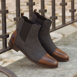 Ambrogio Men's Handmade Custom Made Shoes Gray & Brown Flannel / Polished Calf-Skin Leather Chelsea Boots (AMB1022)