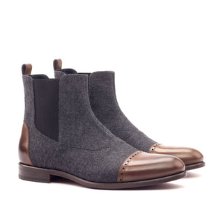 Ambrogio Men's Handmade Custom Made Shoes Gray & Brown Flannel / Polished Calf-Skin Leather Chelsea Boots (AMB1022)