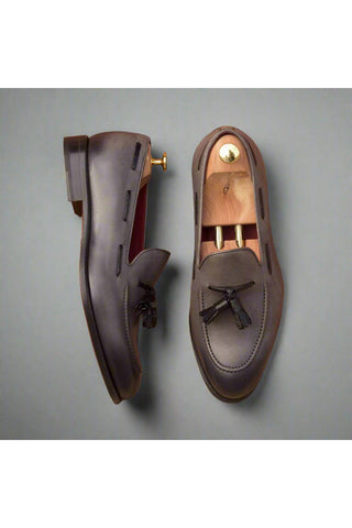 Ambrogio Men's Handmade Custom Made Shoes Gray Leather Tassels Loafers (AMB1075)-AmbrogioShoes