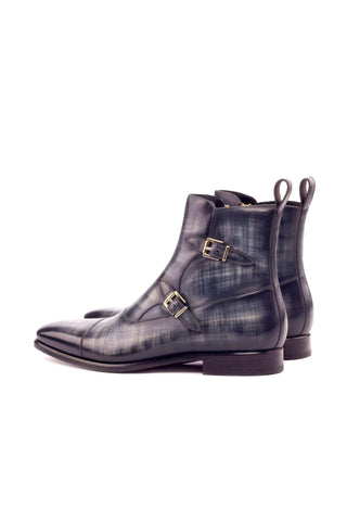 Ambrogio Men's Handmade Custom Made Shoes Gray Patina Leather Atticus Double Buckle Boots (AMB1089)-AmbrogioShoes