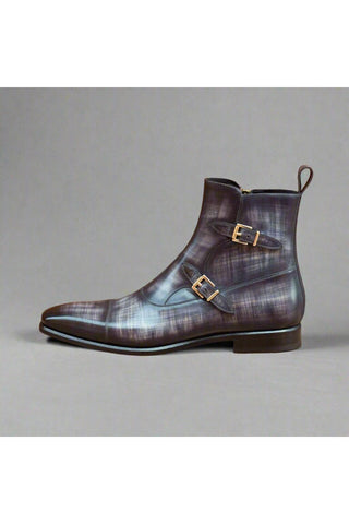 Ambrogio Men's Handmade Custom Made Shoes Gray Patina Leather Atticus Double Buckle Boots (AMB1089)-AmbrogioShoes