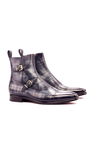 Ambrogio Men's Handmade Custom Made Shoes Gray Patina Leather Atticus Double Buckle Boots (AMB1089)-AmbrogioShoes