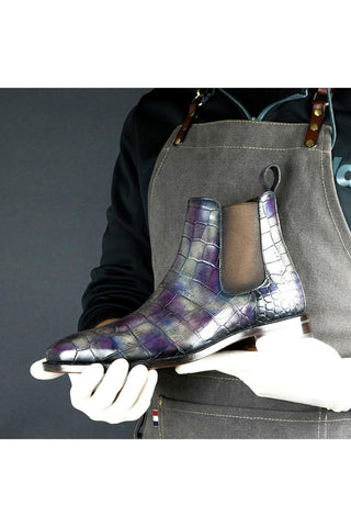 Ambrogio Men's Handmade Custom Made Shoes Gray & Purple Crocodile Embossed / Alexandria Patina Leather Chelsea Boots (AMB1640)-AmbrogioShoes