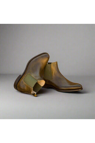 Ambrogio Men's Handmade Custom Made Shoes Green Olive Leather Chelsea Boots (AMB1023)-AmbrogioShoes