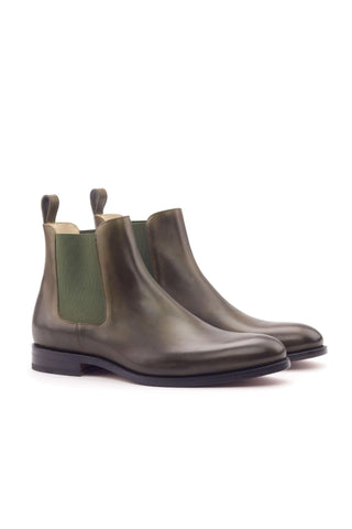 Ambrogio Men's Handmade Custom Made Shoes Green Olive Leather Chelsea Boots (AMB1023)-AmbrogioShoes