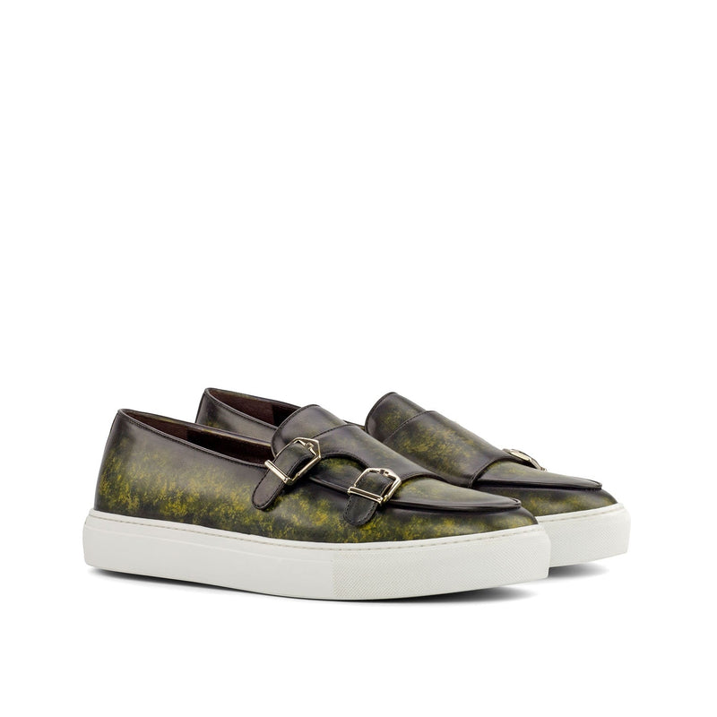 Ambrogio 4287 Men's Shoes Khaki Green Patina Leather Monk-Straps Sneakers (AMB1159)-AmbrogioShoes