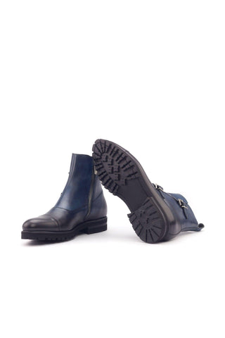 Ambrogio Men's Handmade Custom Made Shoes Navy Calf-Skin Leather Atticus Double Buckle Boots (AMB1077)-AmbrogioShoes