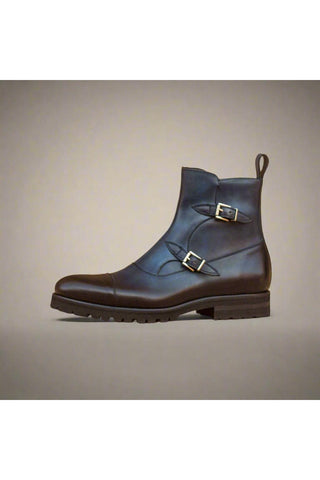 Ambrogio Men's Handmade Custom Made Shoes Navy Calf-Skin Leather Atticus Double Buckle Boots (AMB1077)-AmbrogioShoes