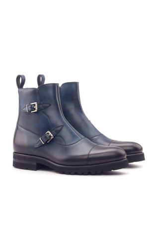 Ambrogio Men's Handmade Custom Made Shoes Navy Calf-Skin Leather Atticus Double Buckle Boots (AMB1077)-AmbrogioShoes