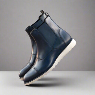 Ambrogio Men's Handmade Custom Made Shoes Navy Calf-Skin Leather Chelsea Boots (AMB1009)