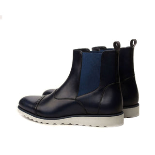 Ambrogio Men's Handmade Custom Made Shoes Navy Calf-Skin Leather Chelsea Boots (AMB1017)