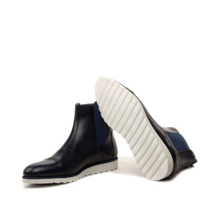 Ambrogio Men's Handmade Custom Made Shoes Navy Calf-Skin Leather Chelsea Boots (AMB1017)