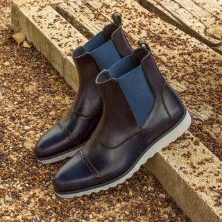 Ambrogio Men's Handmade Custom Made Shoes Navy Calf-Skin Leather Chelsea Boots (AMB1017)