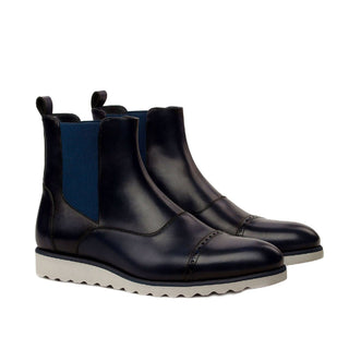 Ambrogio Men's Handmade Custom Made Shoes Navy Calf-Skin Leather Chelsea Boots (AMB1017)