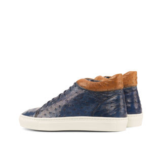 Ambrogio Men's Handmade Custom Made Shoes Navy & Cognac Ostrich High-Top Sneakers (AMB1081)