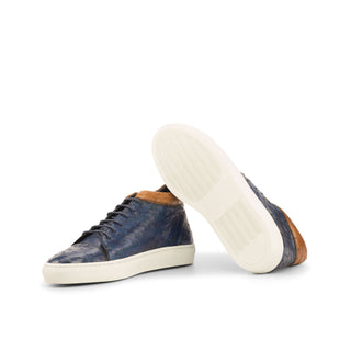 Ambrogio Men's Handmade Custom Made Shoes Navy & Cognac Ostrich High-Top Sneakers (AMB1081)