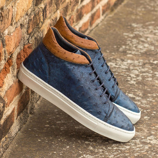 Ambrogio Men's Handmade Custom Made Shoes Navy & Cognac Ostrich High-Top Sneakers (AMB1081)