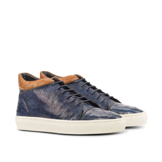 Ambrogio Men's Handmade Custom Made Shoes Navy & Cognac Ostrich High-Top Sneakers (AMB1081)